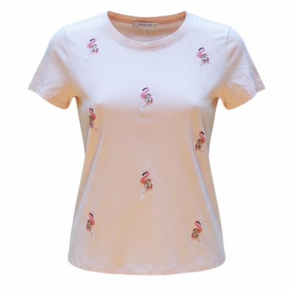Women’s Short Sleeve Pink Flamingo Embroidered Tee - Picture 1 of 7